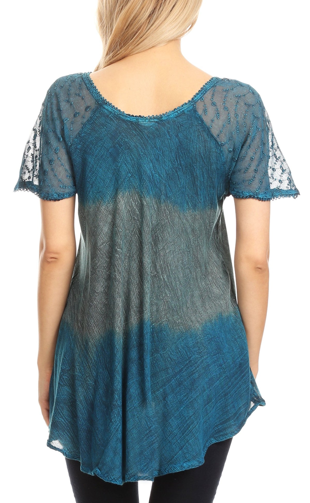 Sakkas Lily Casual Everyday Summer Short Sleeve Top Blouse with Block Print &amp; Lace