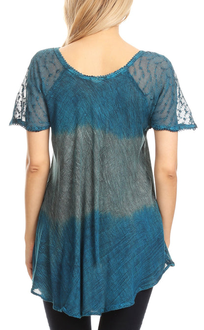 Sakkas Lily Casual Everyday Summer Short Sleeve Top Blouse with Block Print &amp; Lace