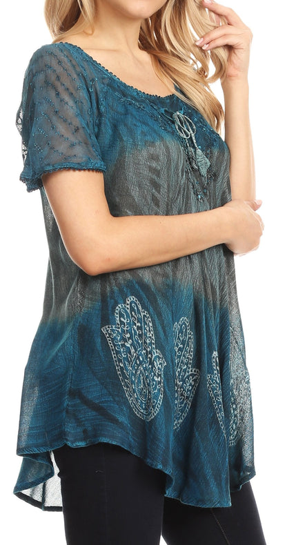 Sakkas Lily Casual Everyday Summer Short Sleeve Top Blouse with Block Print &amp; Lace