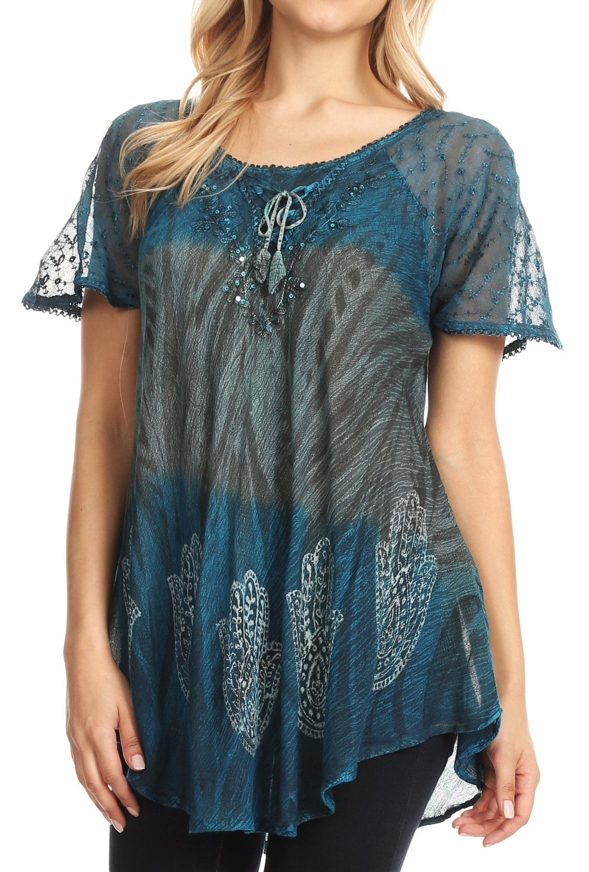 Sakkas Lily Casual Everyday Summer Short Sleeve Top Blouse with Block Print &amp; Lace