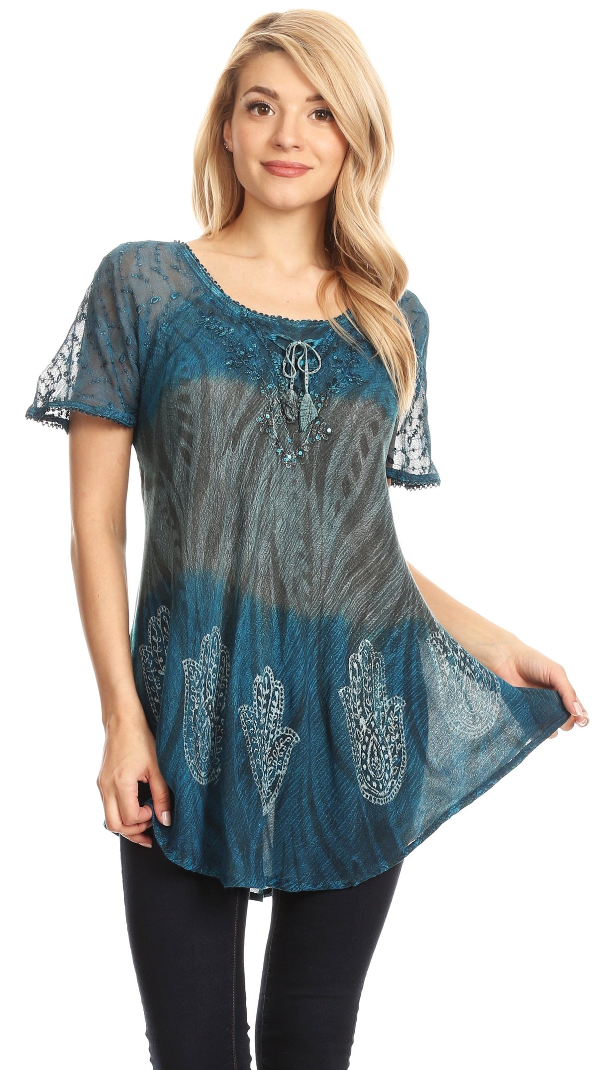 Sakkas Lily Casual Everyday Summer Short Sleeve Top Blouse with Block Print &amp; Lace
