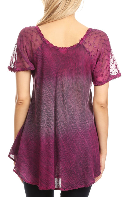Sakkas Lily Casual Everyday Summer Short Sleeve Top Blouse with Block Print &amp; Lace