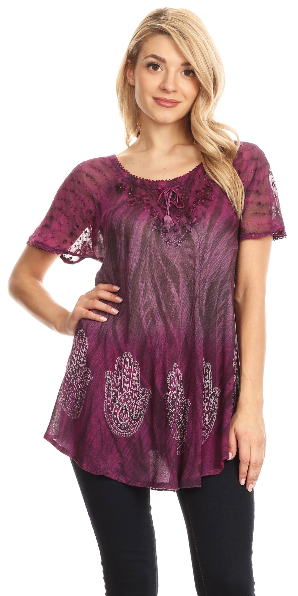 Sakkas Lily Casual Everyday Summer Short Sleeve Top Blouse with Block Print &amp; Lace
