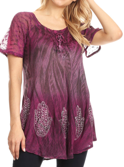 Sakkas Lily Casual Everyday Summer Short Sleeve Top Blouse with Block Print &amp; Lace