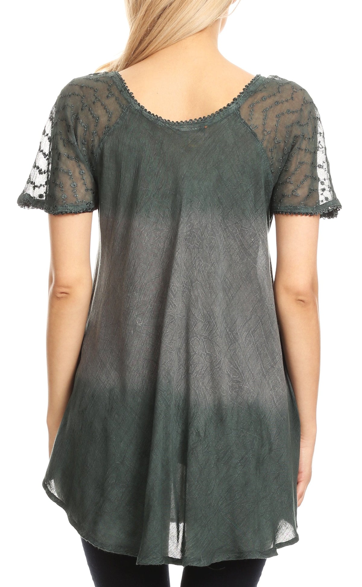 Sakkas Lily Casual Everyday Summer Short Sleeve Top Blouse with Block Print &amp; Lace
