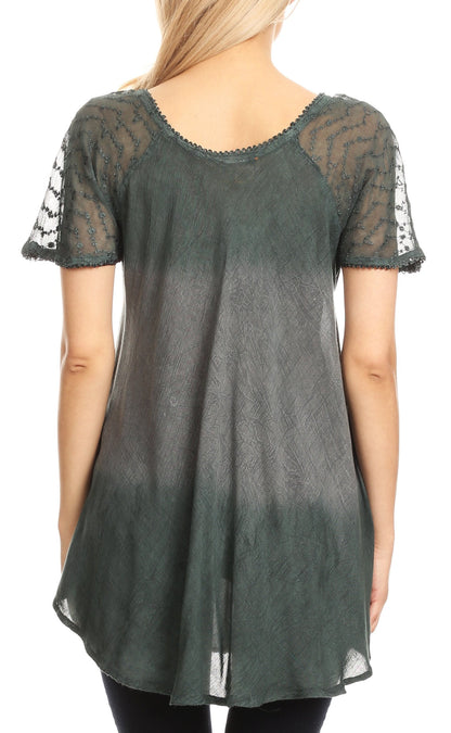 Sakkas Lily Casual Everyday Summer Short Sleeve Top Blouse with Block Print &amp; Lace
