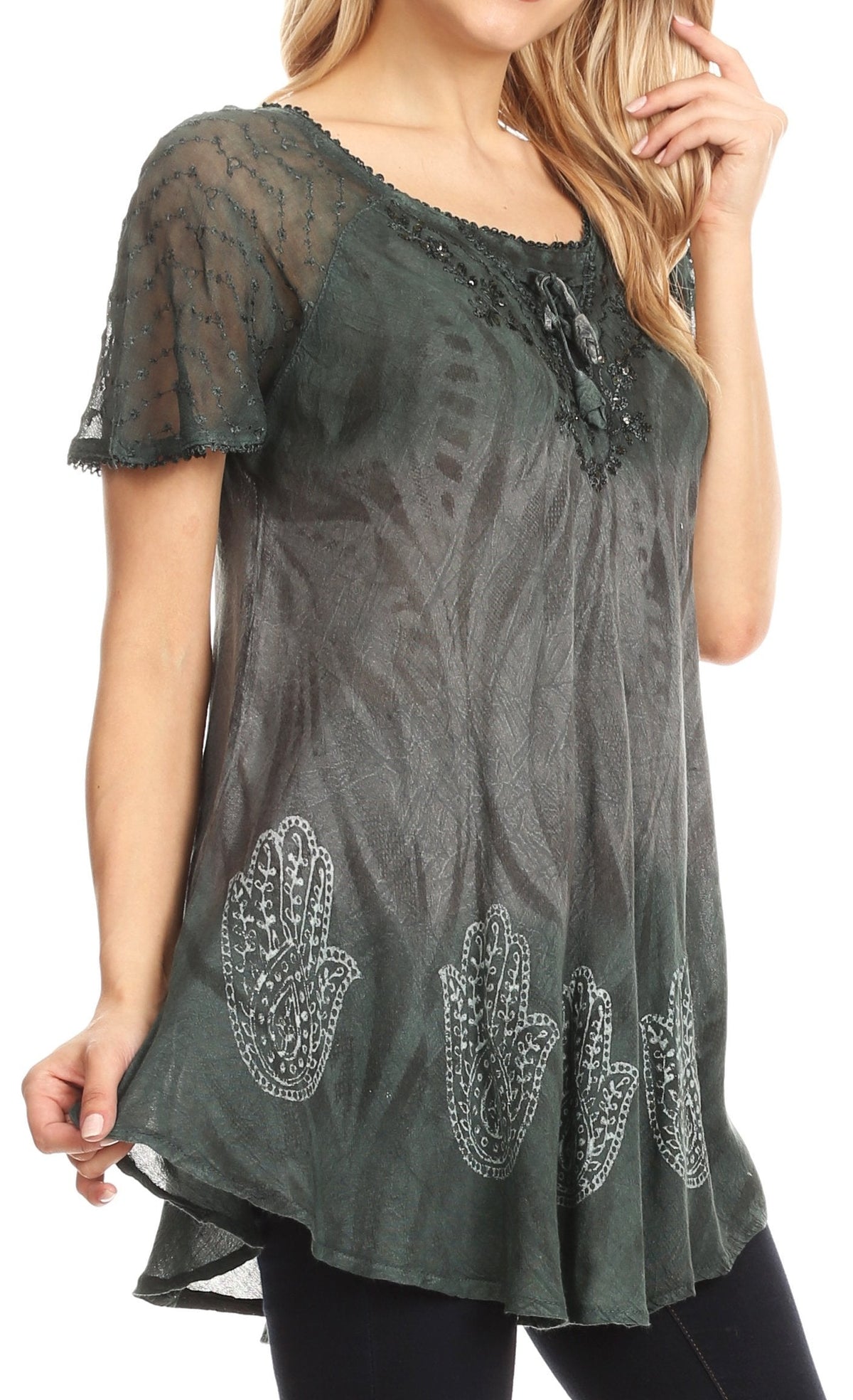 Sakkas Lily Casual Everyday Summer Short Sleeve Top Blouse with Block Print &amp; Lace