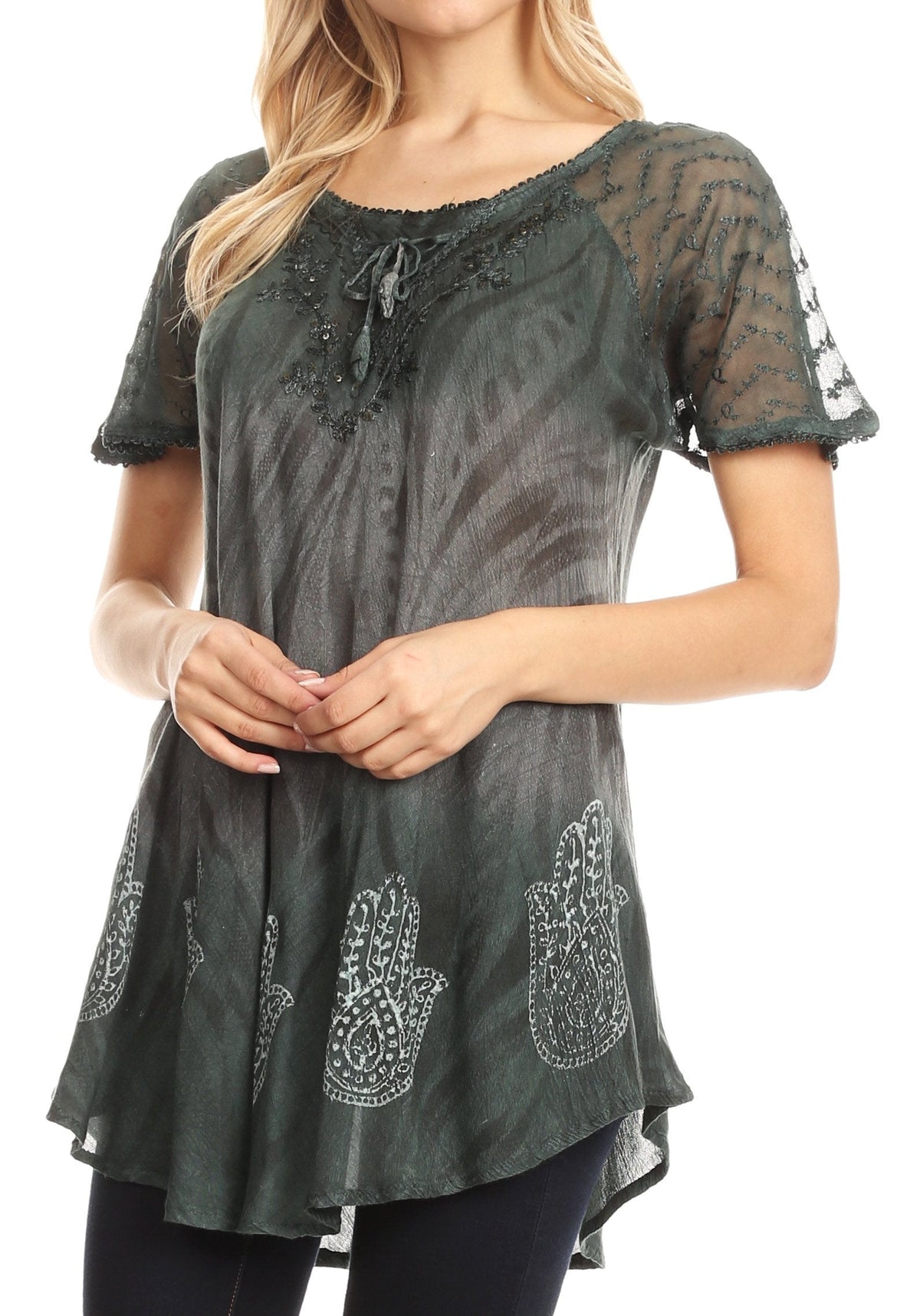 Sakkas Lily Casual Everyday Summer Short Sleeve Top Blouse with Block Print &amp; Lace