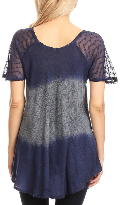 Sakkas Lily Casual Everyday Summer Short Sleeve Top Blouse with Block Print &amp; Lace