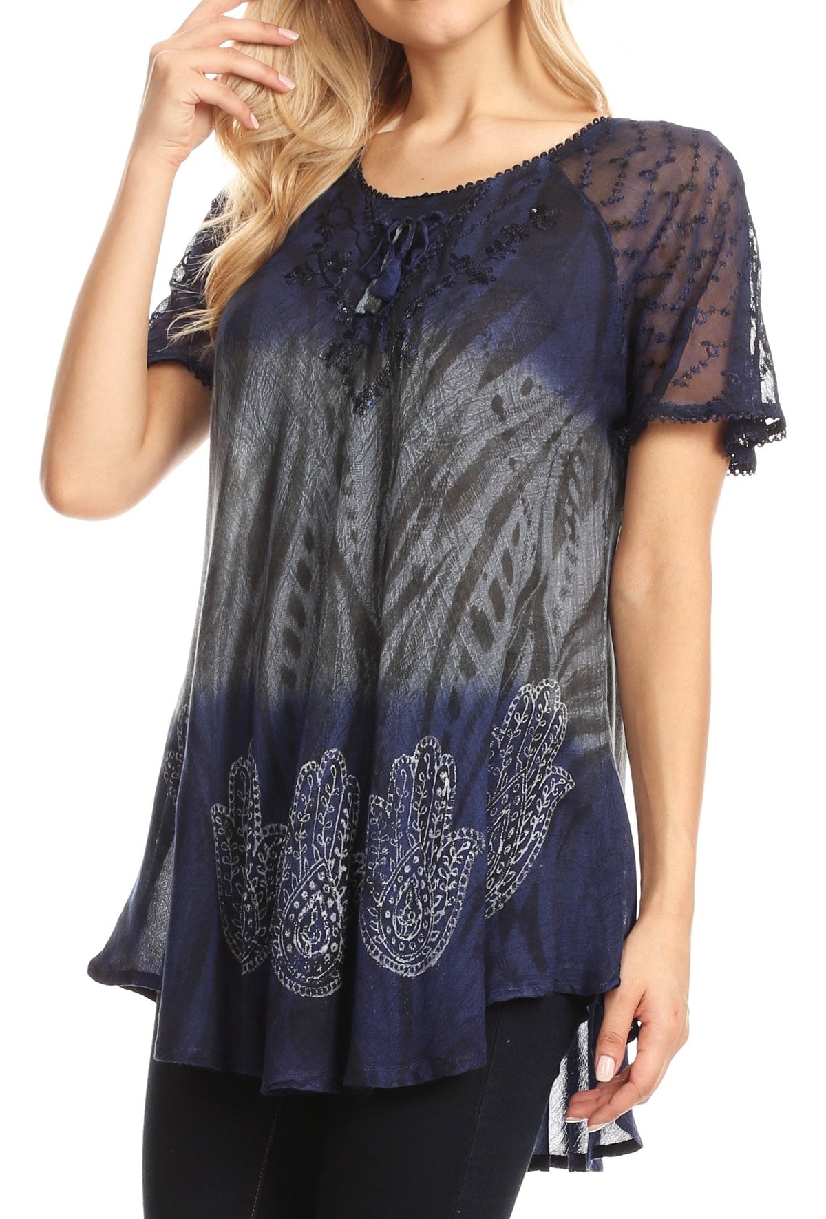 Sakkas Lily Casual Everyday Summer Short Sleeve Top Blouse with Block Print &amp; Lace