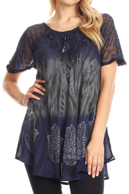 Sakkas Lily Casual Everyday Summer Short Sleeve Top Blouse with Block Print &amp; Lace