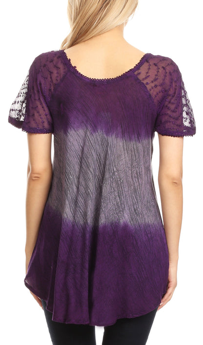 Sakkas Lily Casual Everyday Summer Short Sleeve Top Blouse with Block Print &amp; Lace