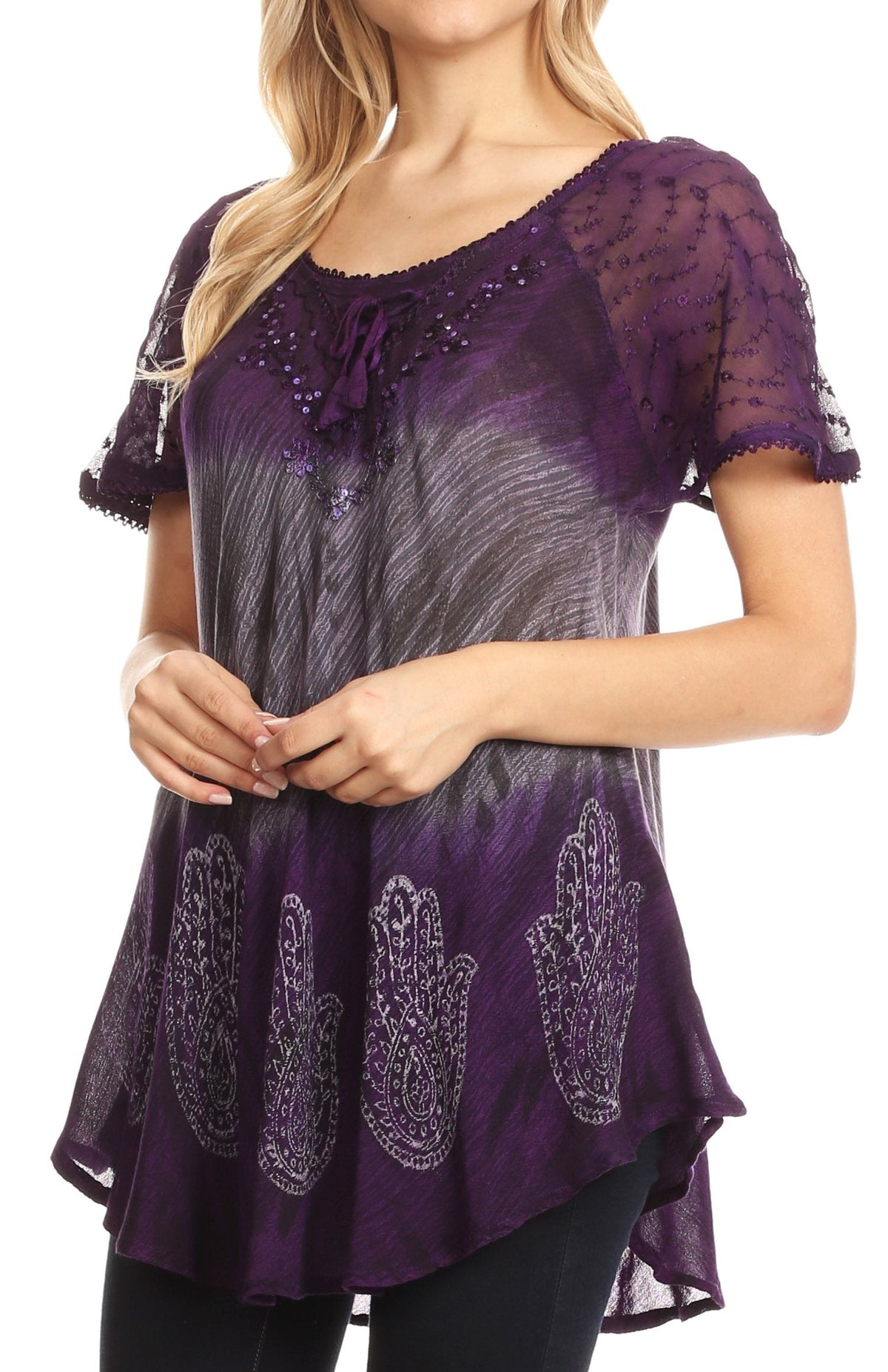Sakkas Lily Casual Everyday Summer Short Sleeve Top Blouse with Block Print &amp; Lace