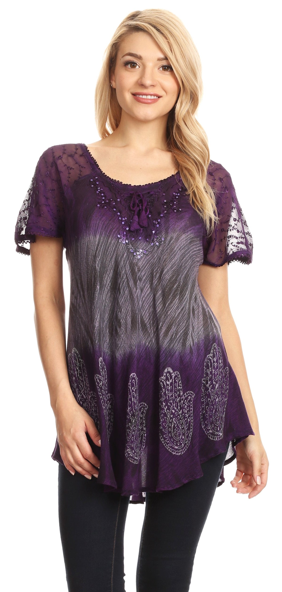 Sakkas Lily Casual Everyday Summer Short Sleeve Top Blouse with Block Print &amp; Lace