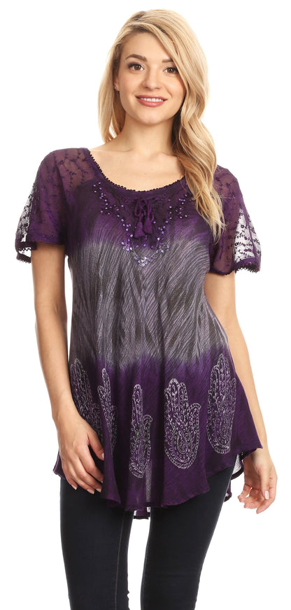 Sakkas Lily Casual Everyday Summer Short Sleeve Top Blouse with Block Print &amp; Lace
