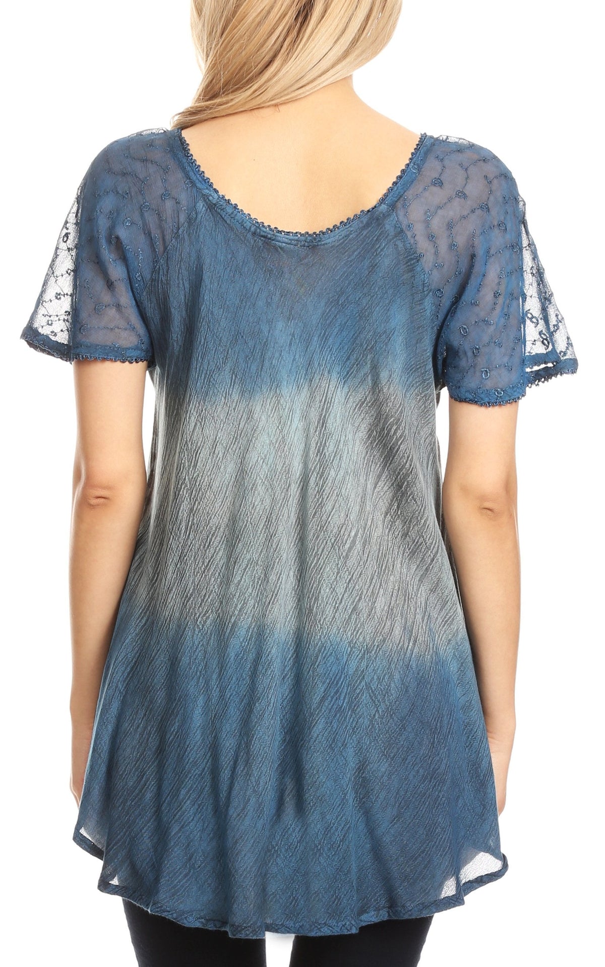 Sakkas Lily Casual Everyday Summer Short Sleeve Top Blouse with Block Print &amp; Lace