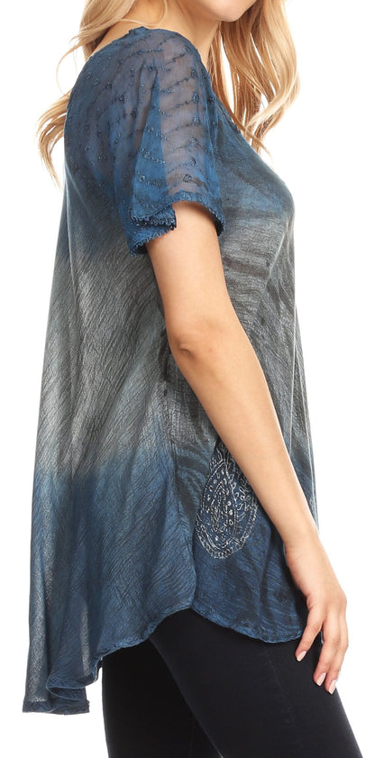 Sakkas Lily Casual Everyday Summer Short Sleeve Top Blouse with Block Print &amp; Lace