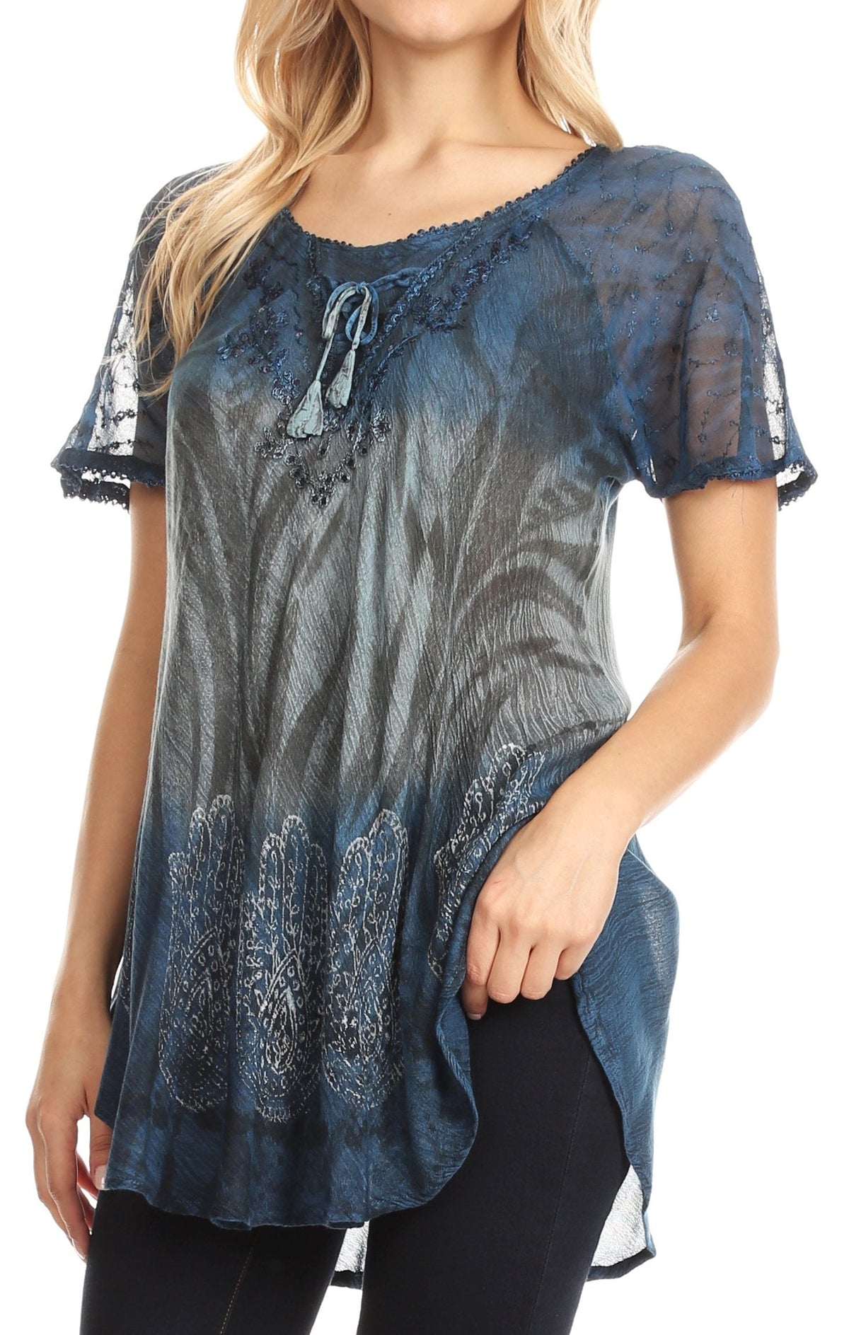 Sakkas Lily Casual Everyday Summer Short Sleeve Top Blouse with Block Print &amp; Lace