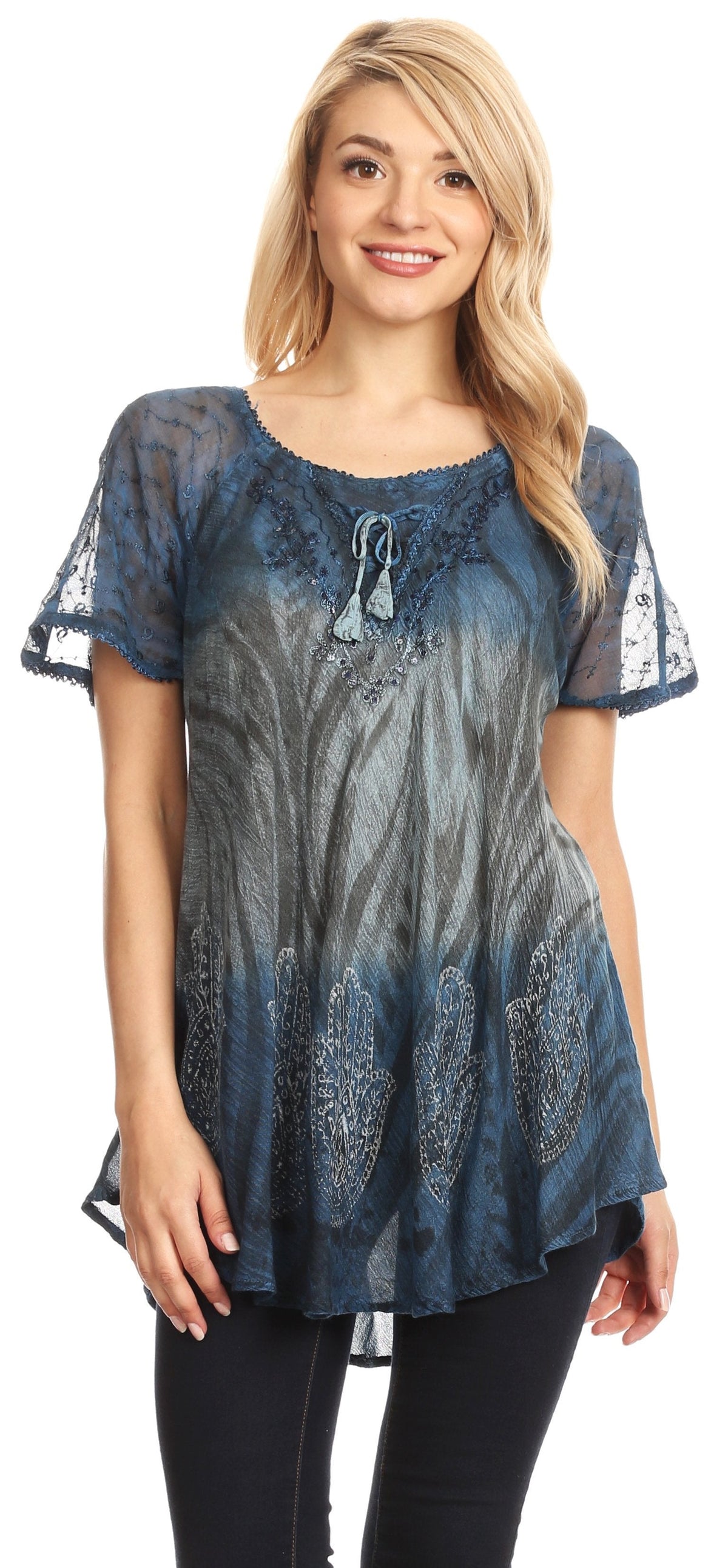 Sakkas Lily Casual Everyday Summer Short Sleeve Top Blouse with Block Print &amp; Lace