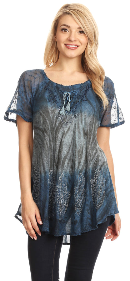 Sakkas Lily Casual Everyday Summer Short Sleeve Top Blouse with Block Print &amp; Lace