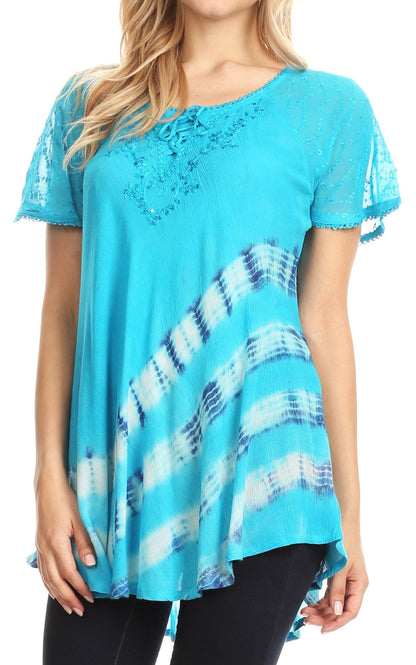 Sakkas Lulu Short Sleeve Summer Casual Fresh Blouse Top Lace Tie-dye &amp; Corset