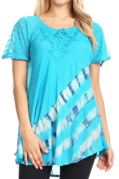 Sakkas Lulu Short Sleeve Summer Casual Fresh Blouse Top Lace Tie-dye &amp; Corset
