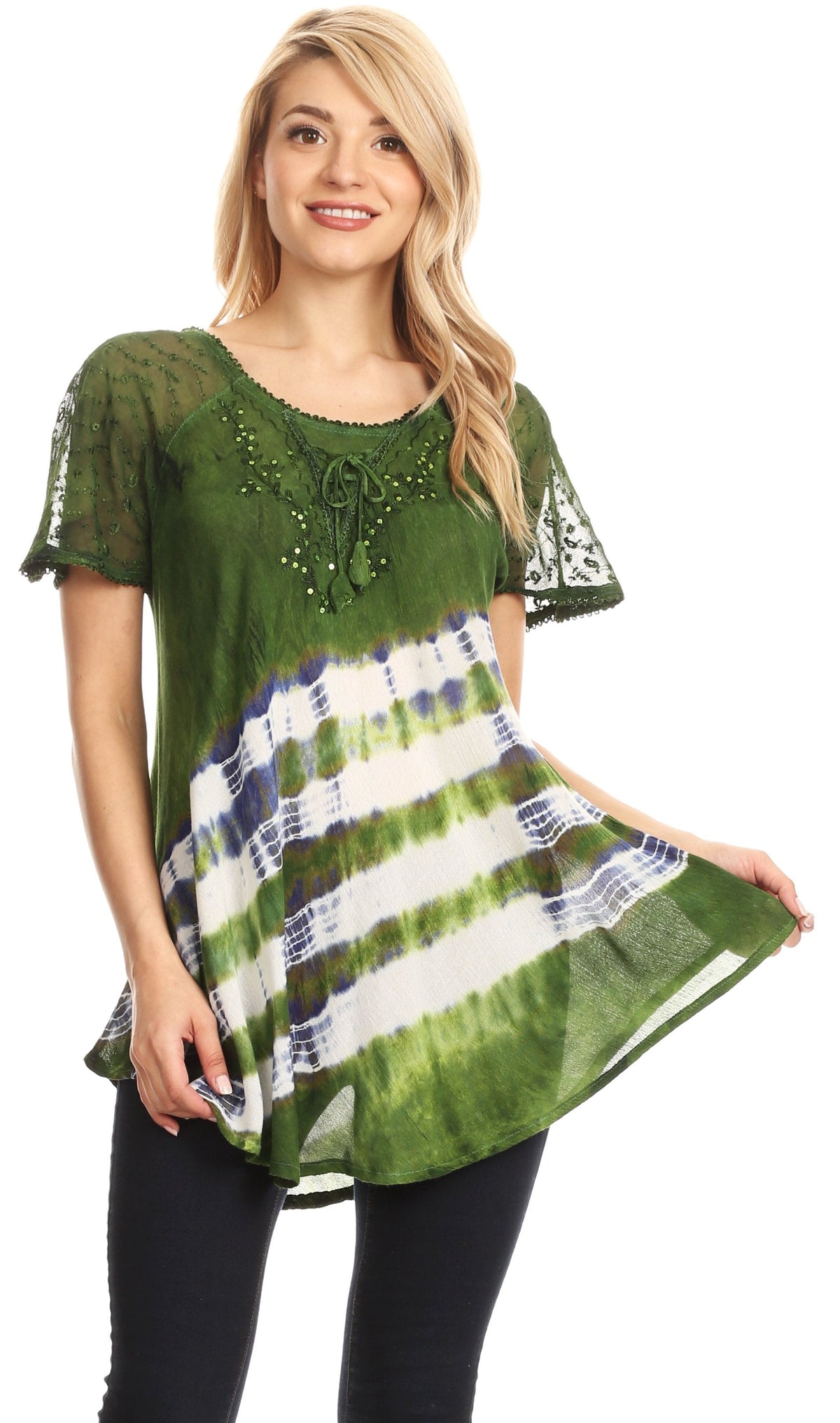 Sakkas Lulu Short Sleeve Summer Casual Fresh Blouse Top Lace Tie-dye &amp; Corset