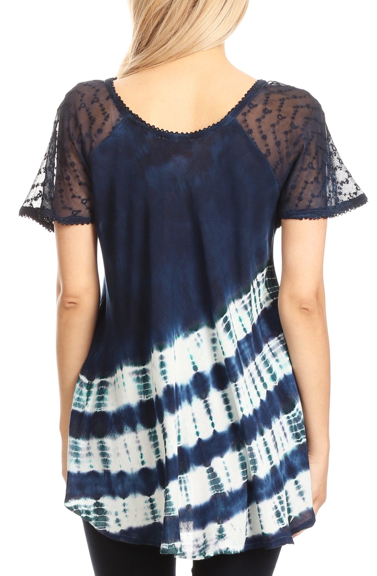Sakkas Lulu Short Sleeve Summer Casual Fresh Blouse Top Lace Tie-dye &amp; Corset
