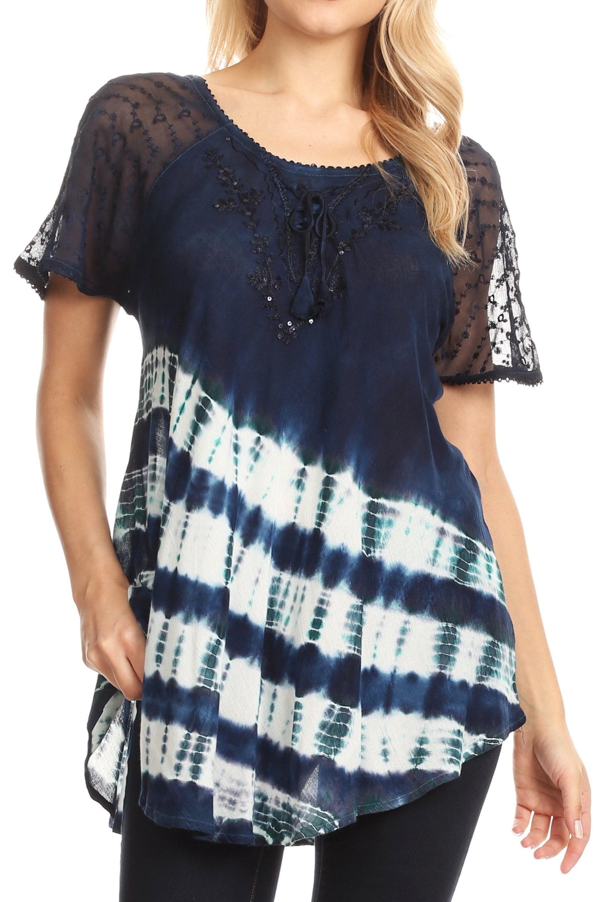 Sakkas Lulu Short Sleeve Summer Casual Fresh Blouse Top Lace Tie-dye &amp; Corset