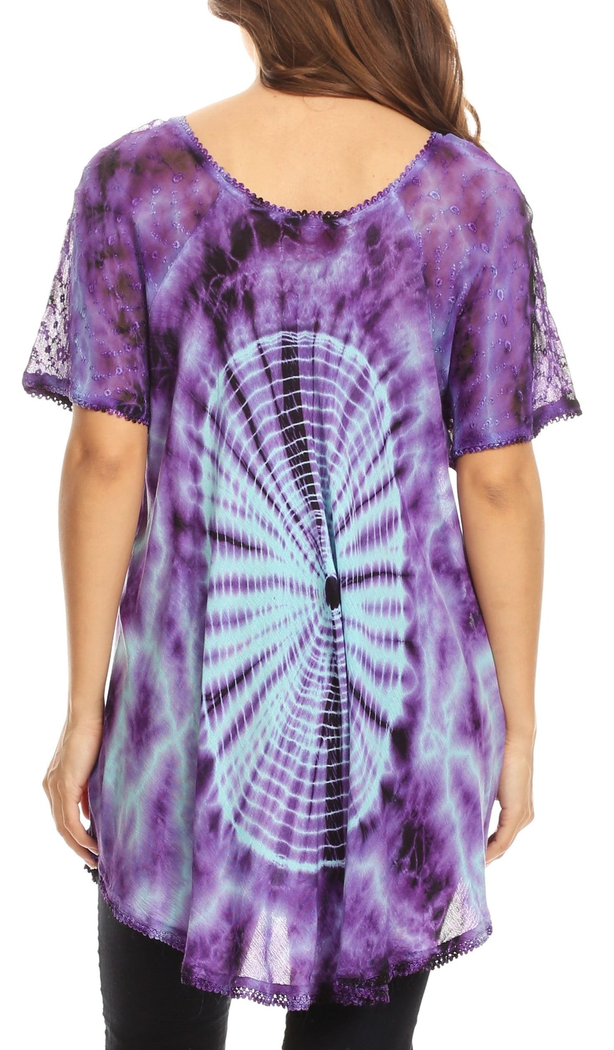 Sakkas Mayar Womens Tie-dye Short Sleeve Everyday Top Blouse with Lace &amp; Corset