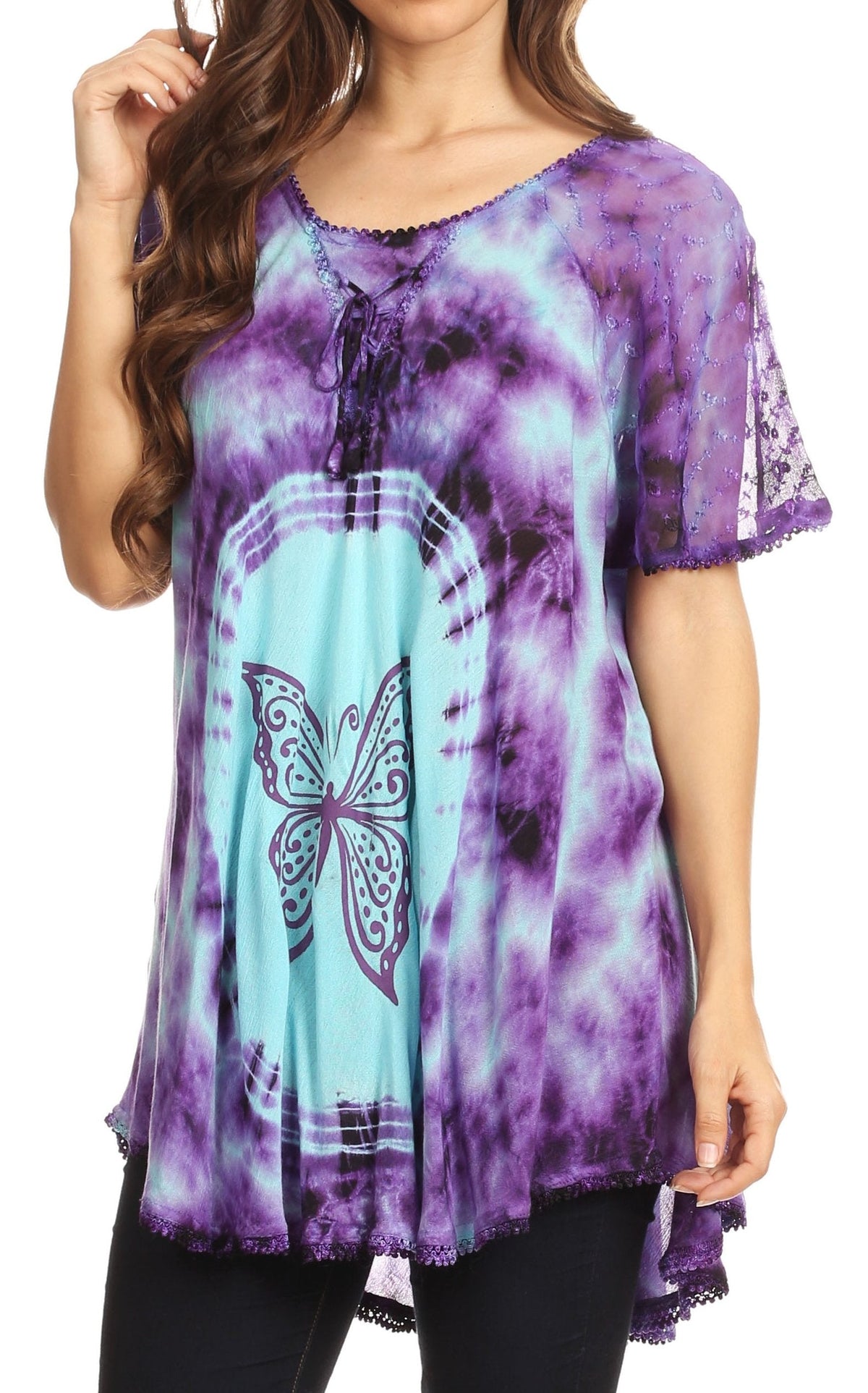 Sakkas Mayar Womens Tie-dye Short Sleeve Everyday Top Blouse with Lace &amp; Corset