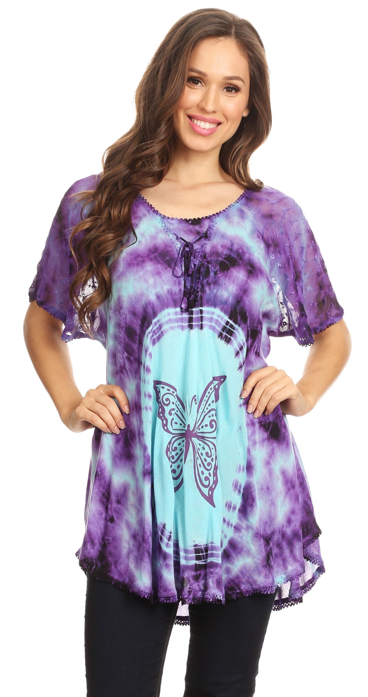 Sakkas Mayar Womens Tie-dye Short Sleeve Everyday Top Blouse with Lace &amp; Corset