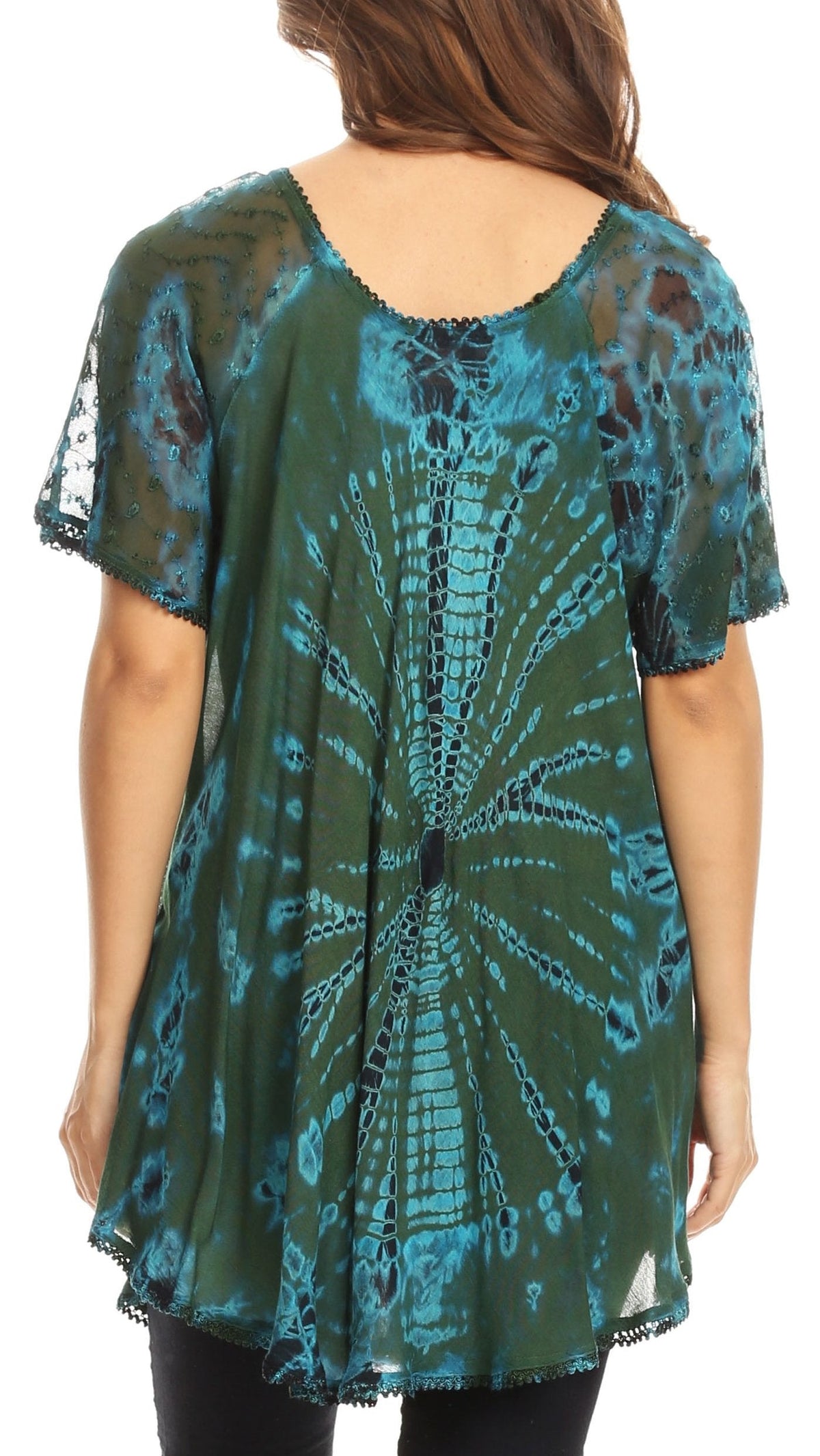 Sakkas Mayar Womens Tie-dye Short Sleeve Everyday Top Blouse with Lace &amp; Corset