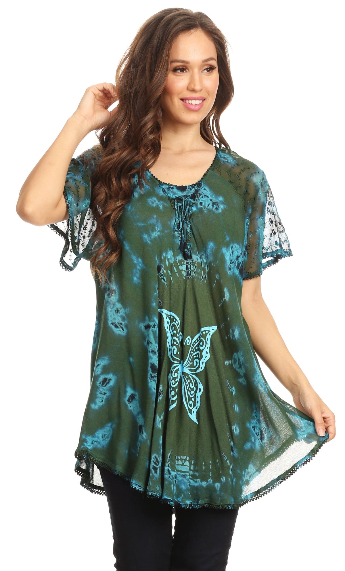 Sakkas Mayar Womens Tie-dye Short Sleeve Everyday Top Blouse with Lace &amp; Corset