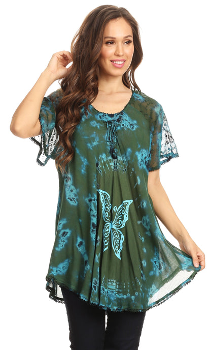 Sakkas Mayar Womens Tie-dye Short Sleeve Everyday Top Blouse with Lace &amp; Corset