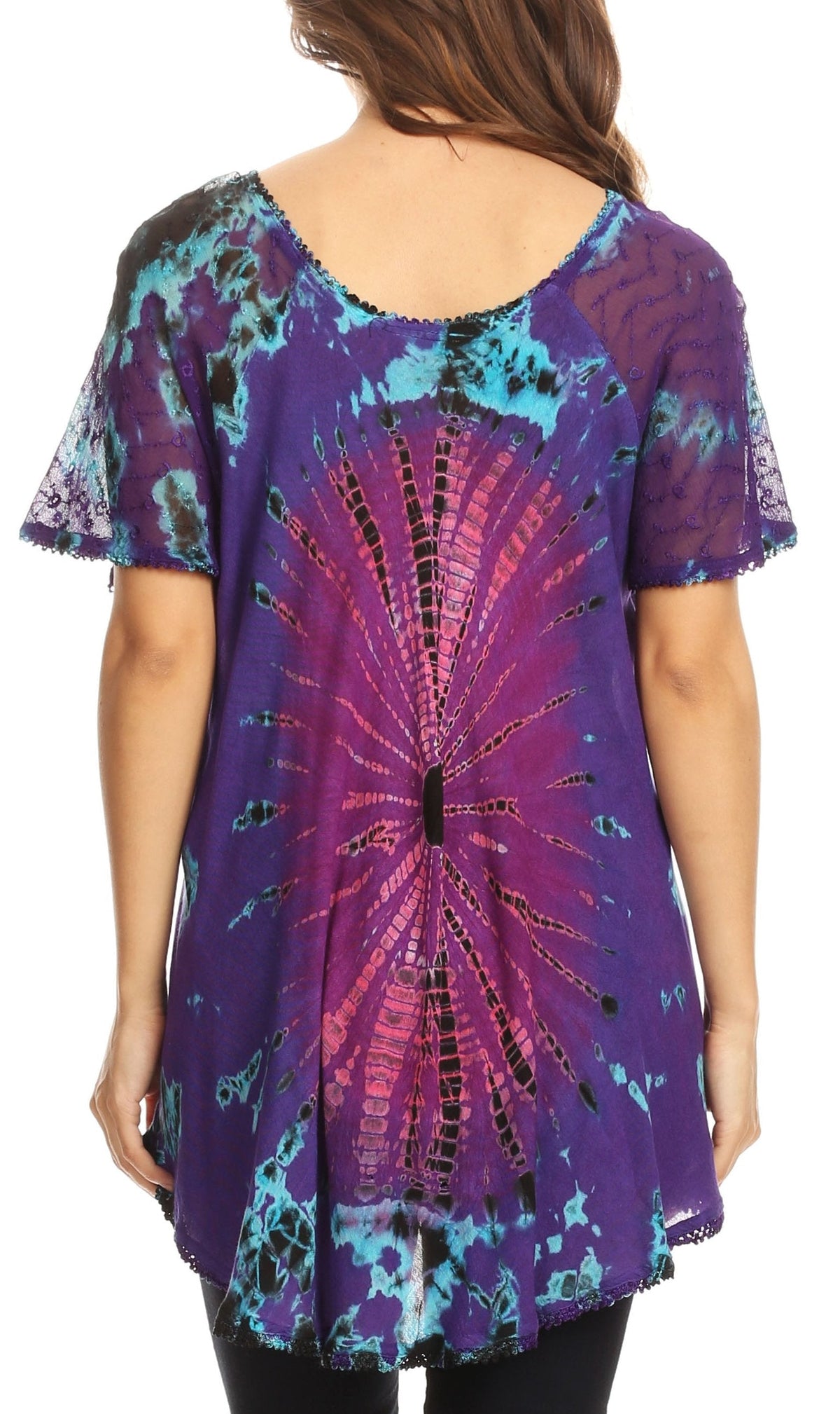Sakkas Mayar Womens Tie-dye Short Sleeve Everyday Top Blouse with Lace &amp; Corset