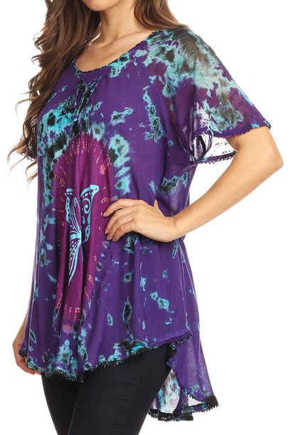 Sakkas Mayar Womens Tie-dye Short Sleeve Everyday Top Blouse with Lace &amp; Corset
