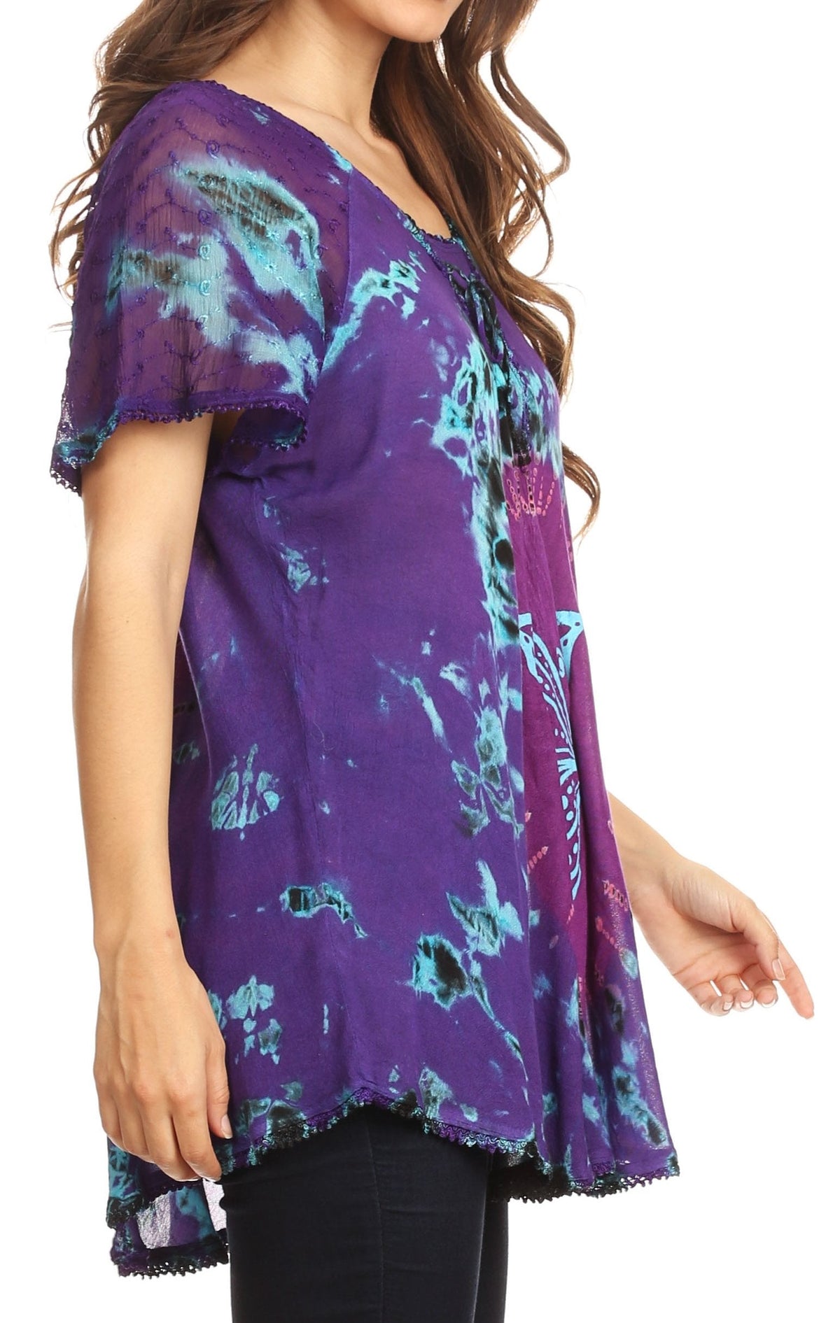 Sakkas Mayar Womens Tie-dye Short Sleeve Everyday Top Blouse with Lace &amp; Corset