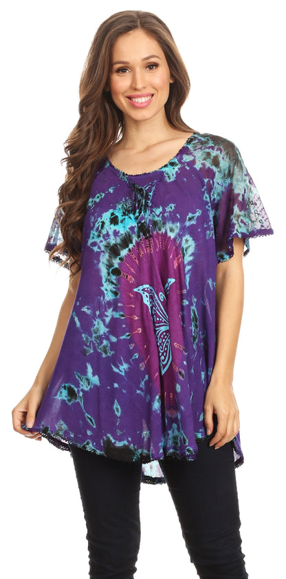 Sakkas Mayar Womens Tie-dye Short Sleeve Everyday Top Blouse with Lace &amp; Corset