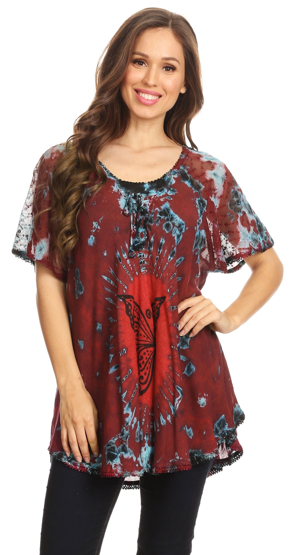 Sakkas Mayar Womens Tie-dye Short Sleeve Everyday Top Blouse with Lace &amp; Corset