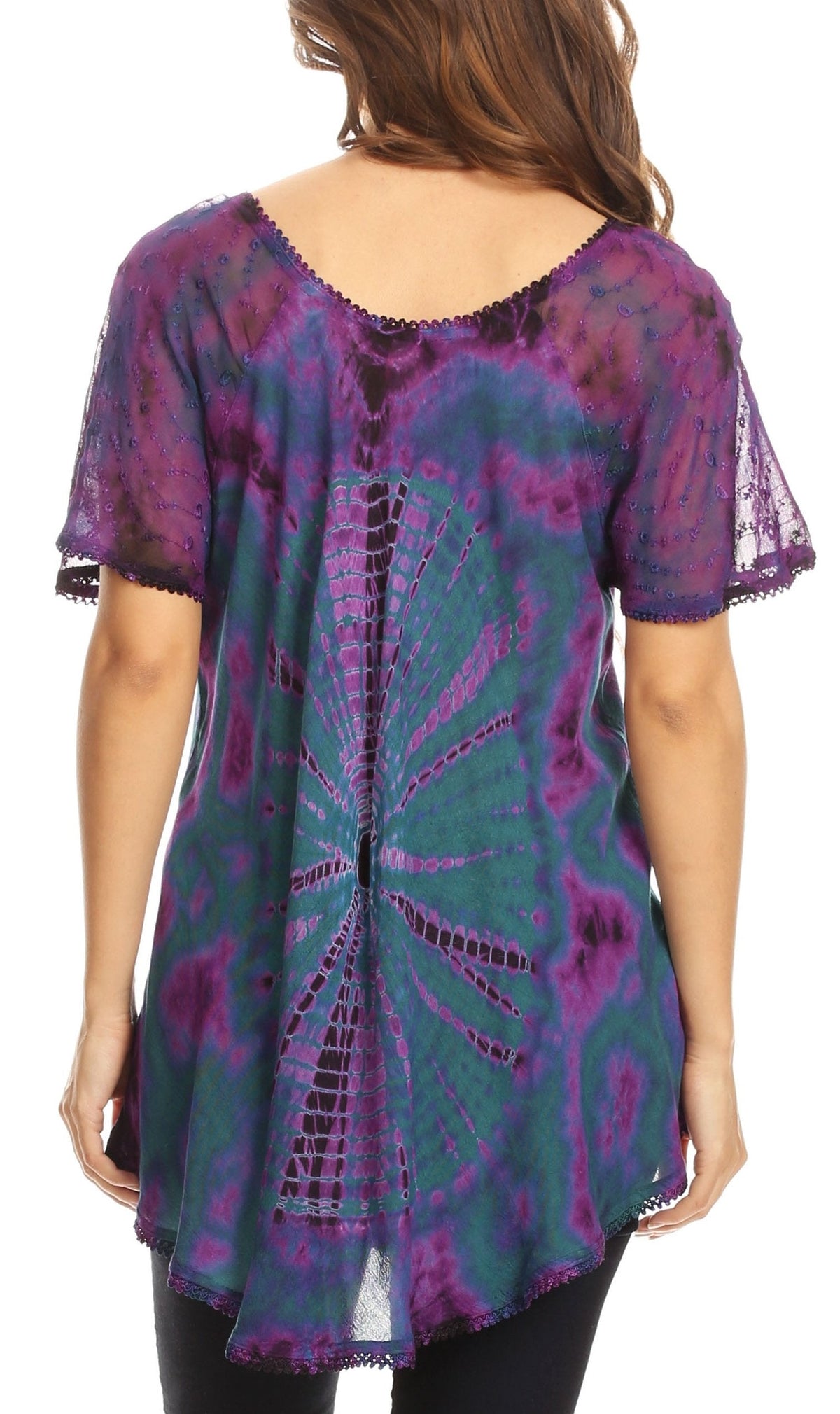 Sakkas Mayar Womens Tie-dye Short Sleeve Everyday Top Blouse with Lace &amp; Corset