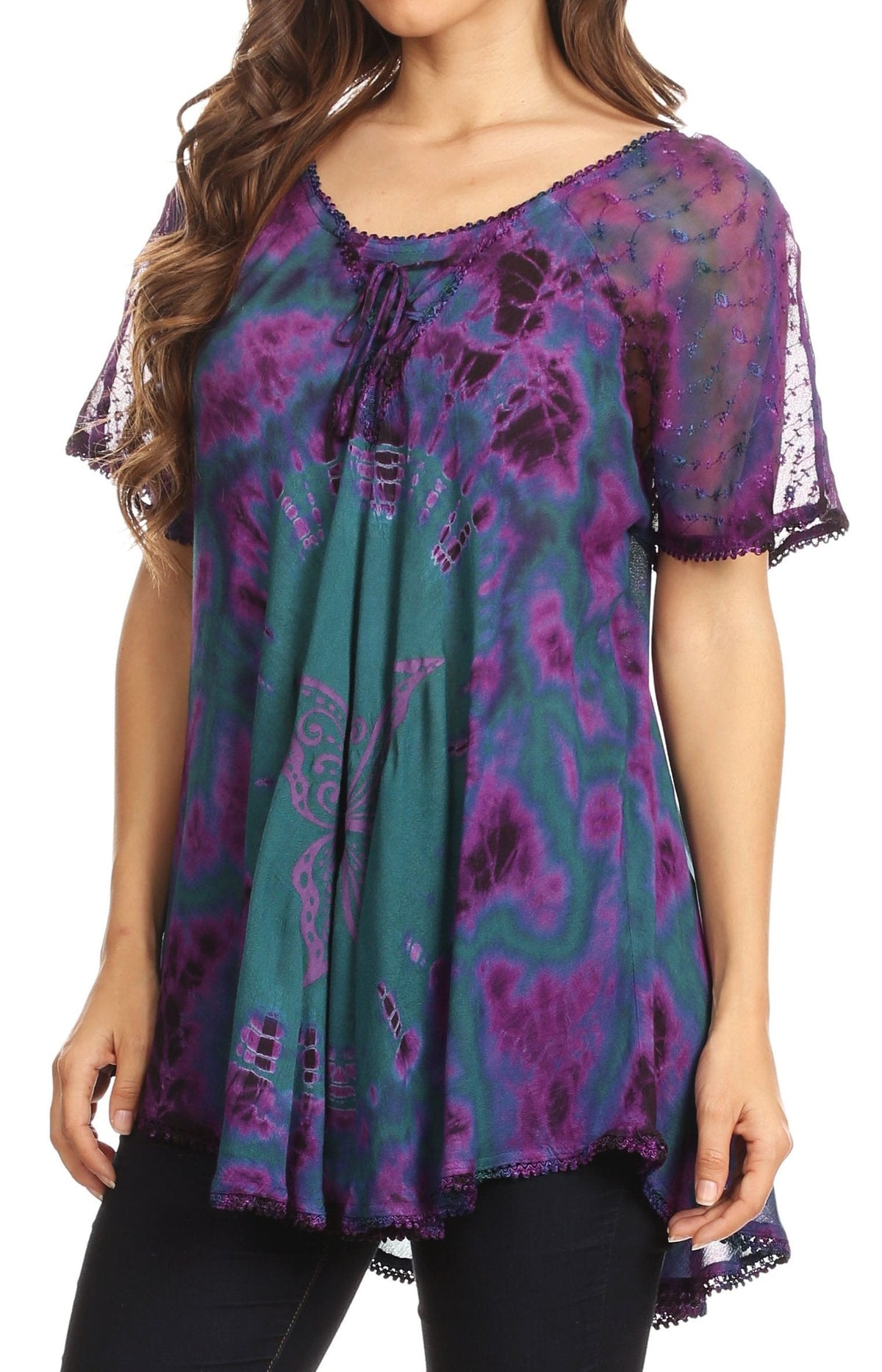 Sakkas Mayar Womens Tie-dye Short Sleeve Everyday Top Blouse with Lace &amp; Corset