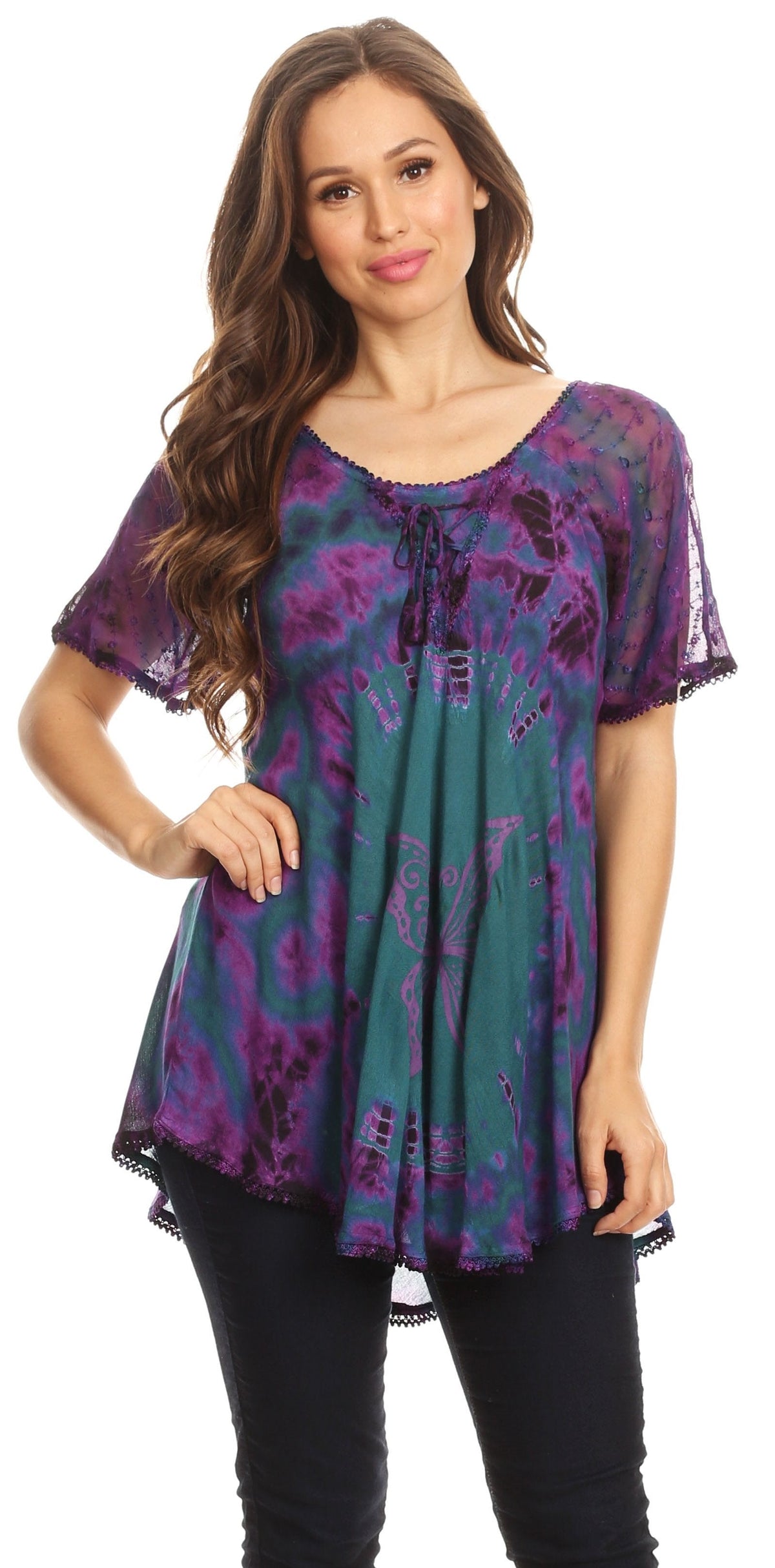 Sakkas Mayar Womens Tie-dye Short Sleeve Everyday Top Blouse with Lace &amp; Corset