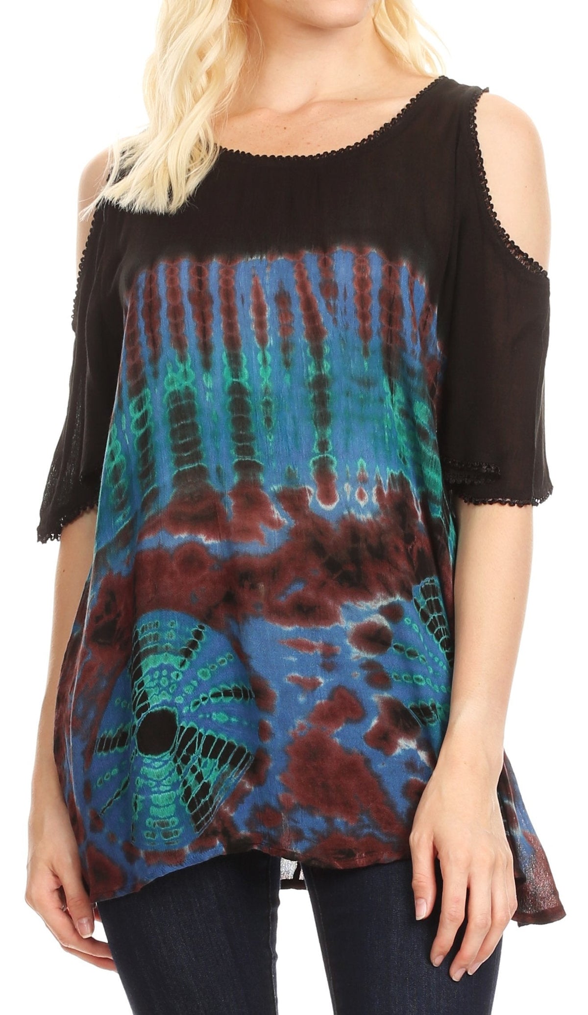 Sakkas Luz Womens Cold Shoulder Bohemian Ethnic Style Blouse Top Tie Dye Flare