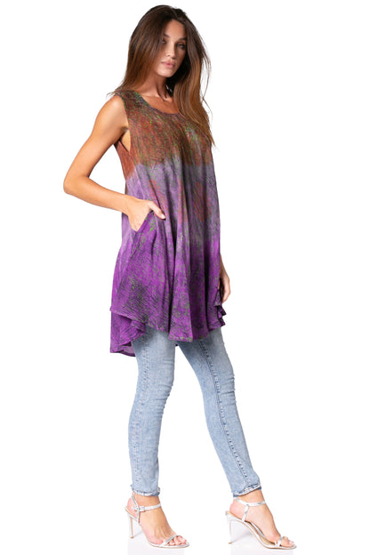Sakkas Isabela Womens Everyday Summer Sleeveless Tank Top Tie-dye &amp; Block Print