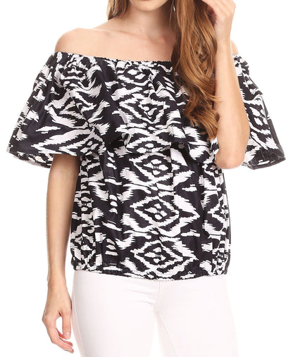 Sakkas Amai Off-shoulder Ruffle Ankara Wax African Dutch Casual Blouse Top