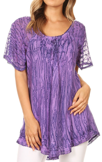 Sakkas Zoya Marbled Embroidery  Cap Sleeves Blouse / Top