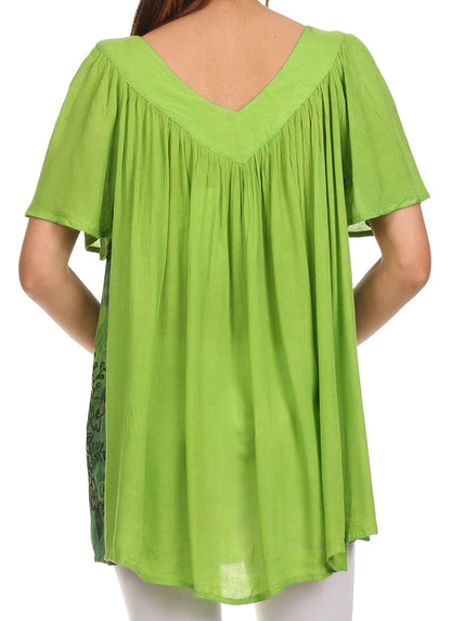 Sakkas Kyla Relaxed Fit Floral Sequin Embroidered V-neck Cap Sleeve Blouse / Top