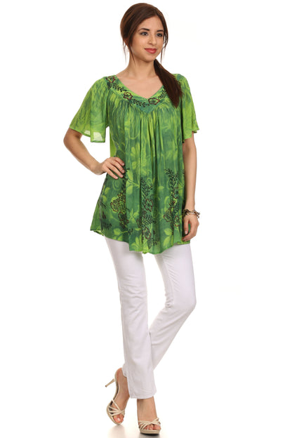 Sakkas Kyla Relaxed Fit Floral Sequin Embroidered V-neck Cap Sleeve Blouse / Top