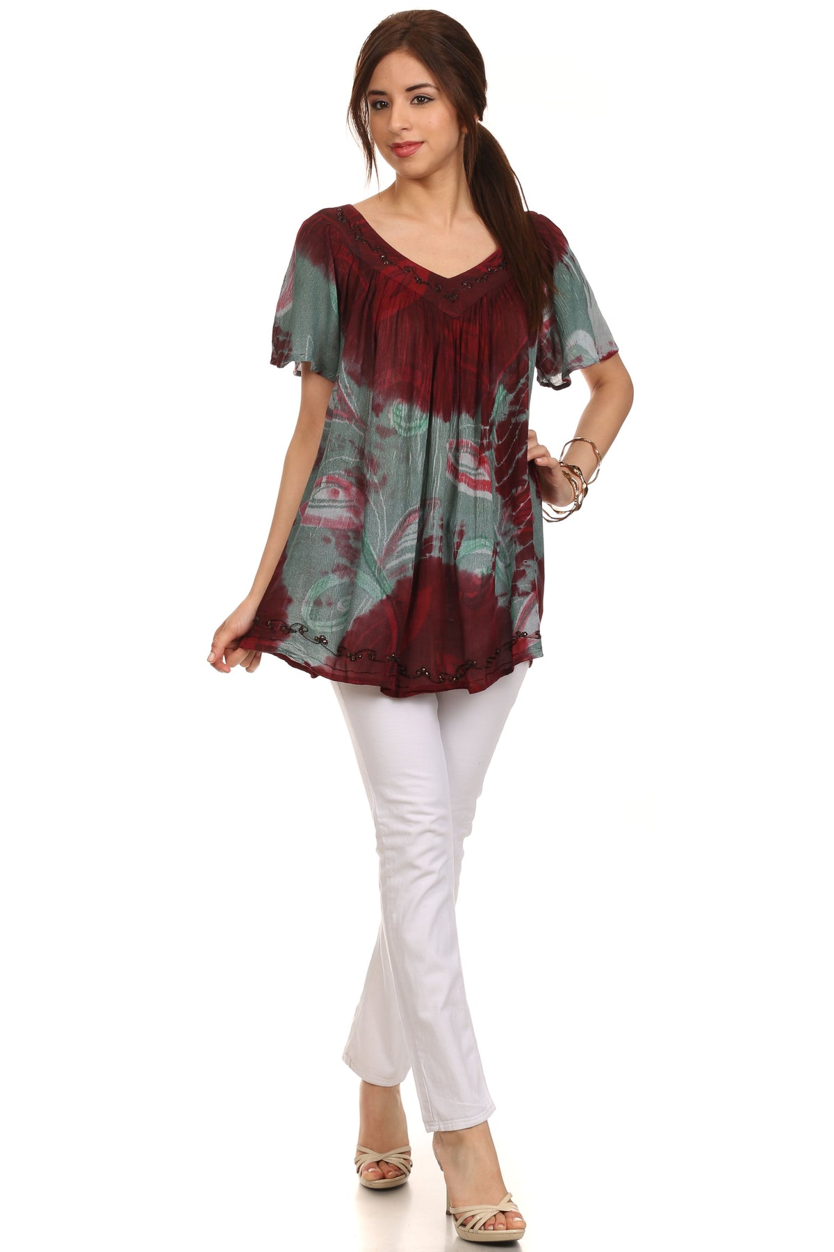 Sakkas Nia Tie Dye Sequin Embroidered V-Neck Cap Sleeve Blouse / Top